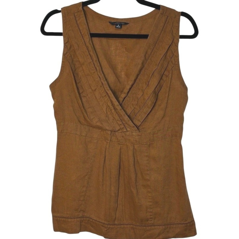 Lands' End Women's Brown 100% Linen Sleeveless Pleated V-Neck Top Blouse Size 6